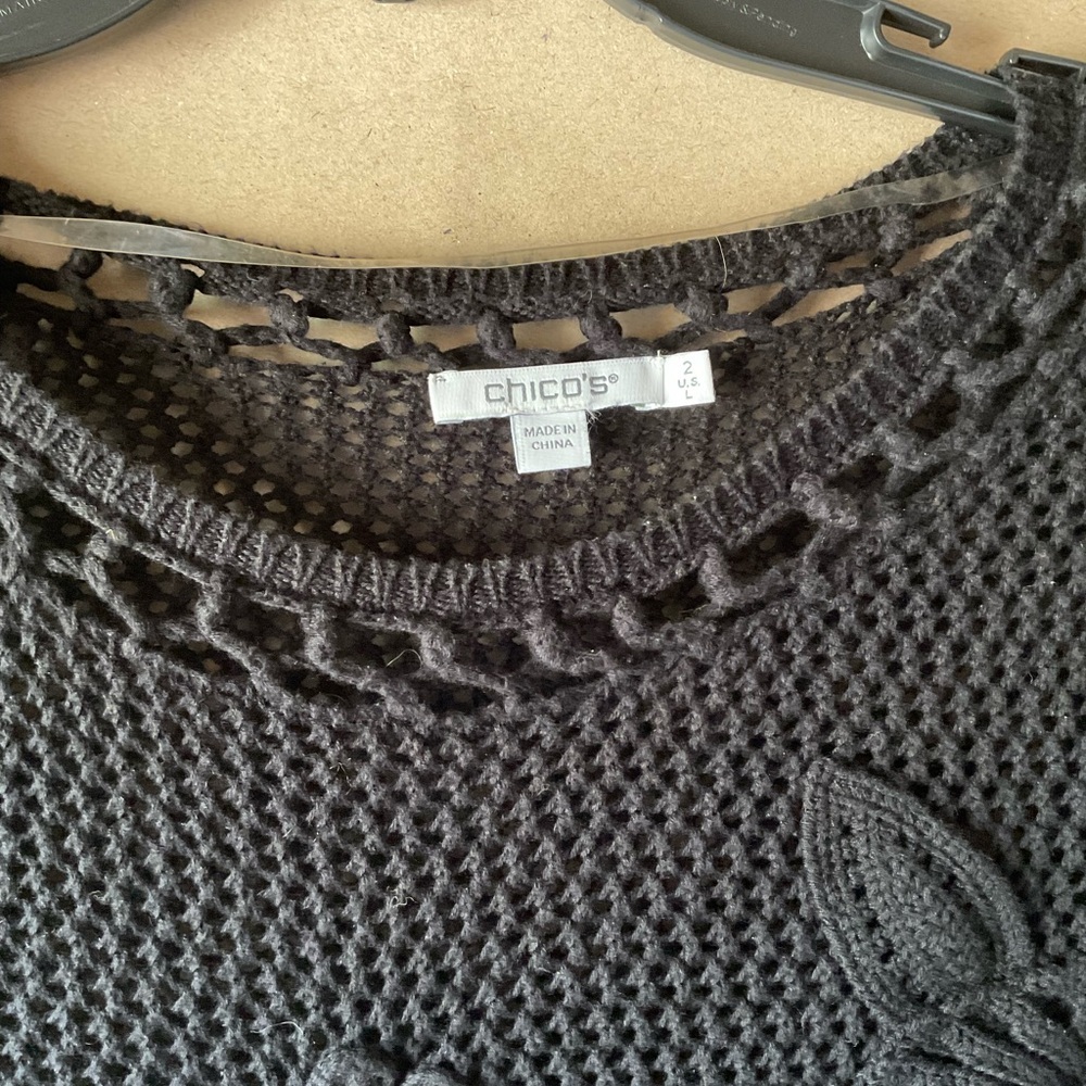 Chico's Black Knit Top with Floral Detail. Size L. - Picture 5 of 9